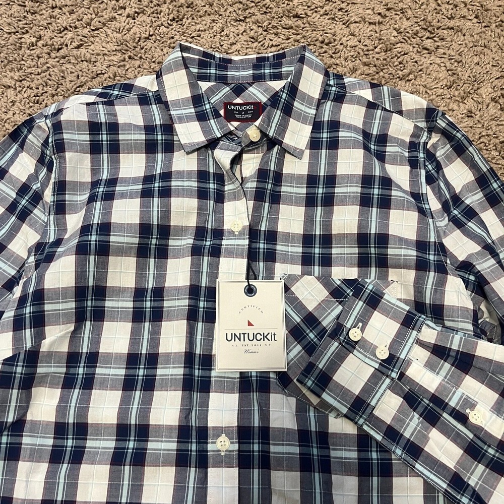 NWT Women's Untuckit Sorbo Size 2 Blue/White Plaid Long Sleeve Button Down Shirt